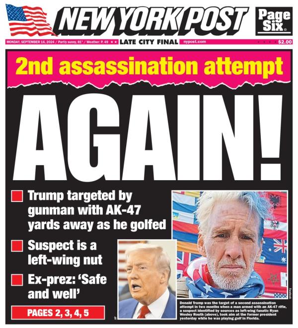 Newspaper featuring a photo of Donald Trump and another unidentified man in a scarf